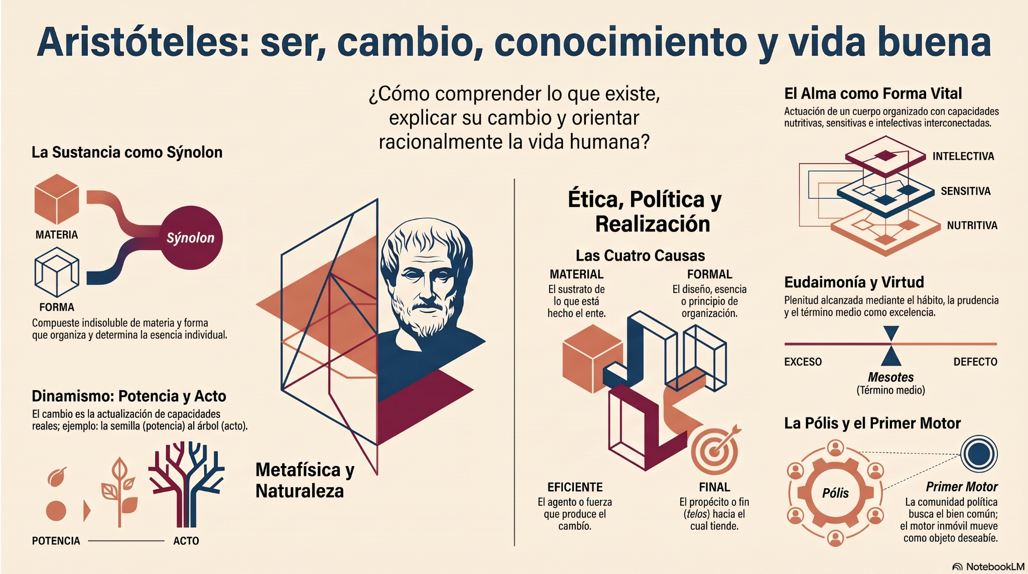 Mapa pedagógico de materia y forma, potencia y acto, cuatro causas, alma, virtud, pólis y primer motor.